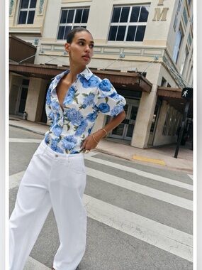 Zara White Button-Down Shirt with Blue Floral Print
